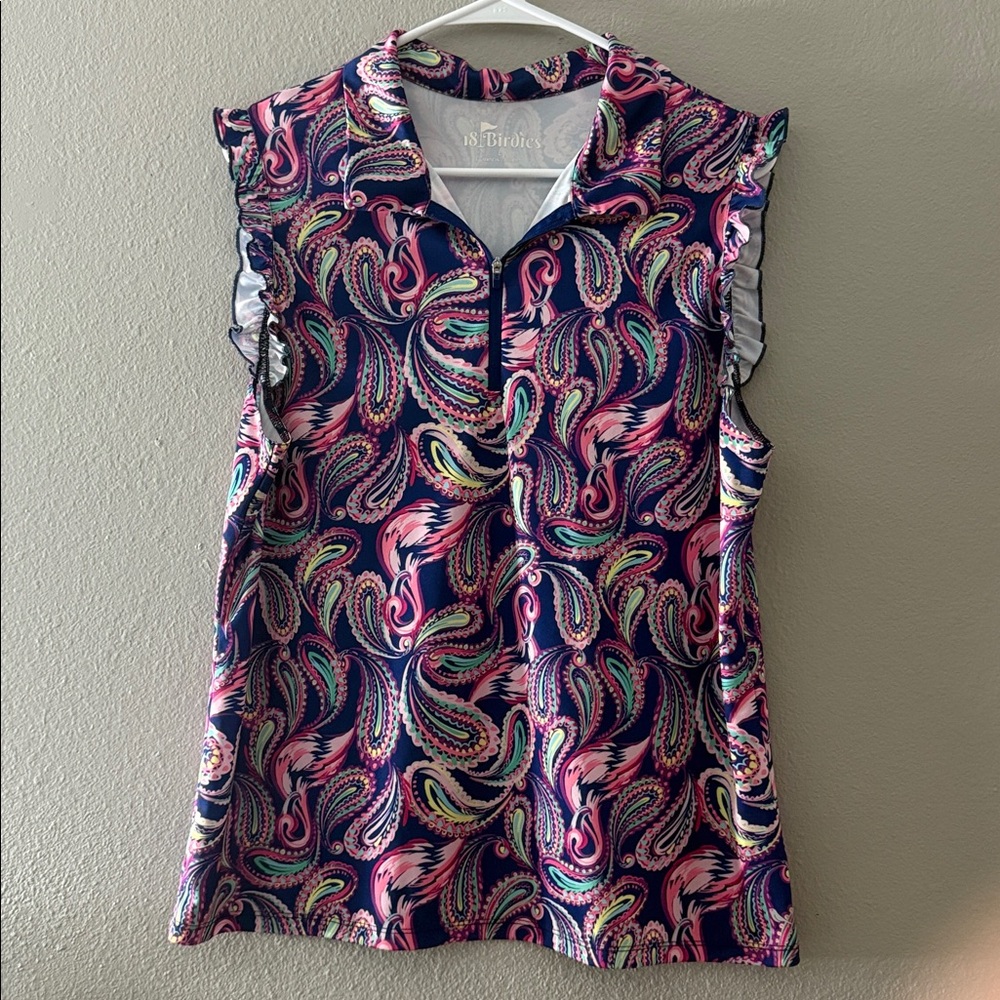 18 Birdies Blue Paisley Ruffle Sleeveless Collared Top